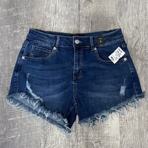 Akira Flex Fit Cut Off Dark Denim Shorts NEW Womens L (29X3.5) High Waist Frayed
